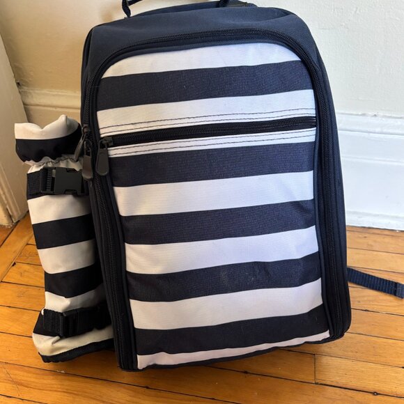 Blue & White Striped Picnic Basket Backpack, 4 Glasses, Plates, Full Set - Picture 1 of 6